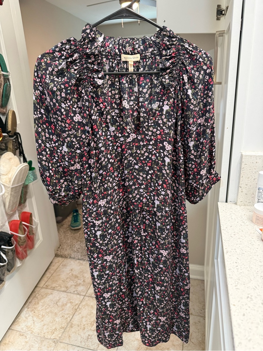 Rebecca Taylor Black Floral Midi Dress with Pink & White Blossoms